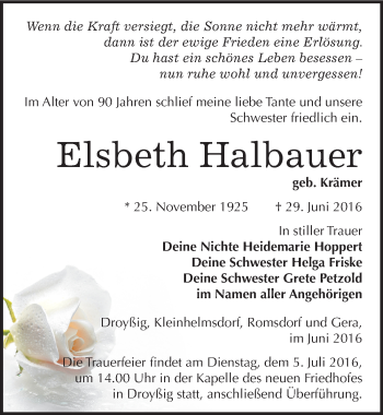 Traueranzeige von Elsbeth Halbauer von Mitteldeutsche Zeitung Zeitz