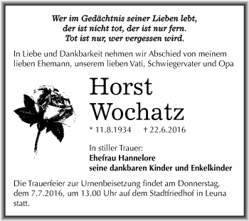 Traueranzeige von Horst Wochatz von WVG - Wochenspiegel Merseburg