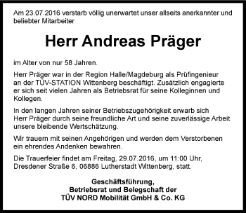 Traueranzeige von Andreas Präger von Mitteldeutsche Zeitung Wittenberg