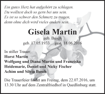 Traueranzeige von Gisela Martin von Super Sonntag Quedlinburg