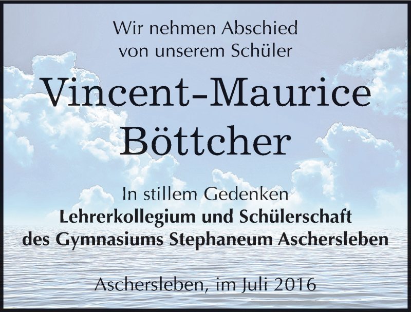  Traueranzeige für Vincent-Maurice Böttcher vom 27.07.2016 aus Mitteldeutsche Zeitung Aschersleben