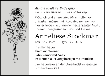 Traueranzeige von Anneliese Stockmar von Super Sonntag SGH Mansf. Land