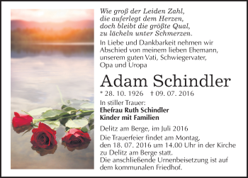 Traueranzeige von Adam Schindler von Mitteldeutsche Zeitung Merseburg/Querfurt