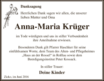 Traueranzeige von Anna-Maria Krüger von WVG - Wochenspiegel Dessau / Köthen