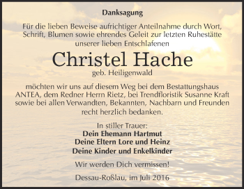 Traueranzeige von Christel Hache von WVG - Wochenspiegel Dessau / Köthen