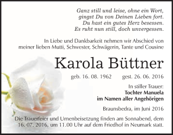 Traueranzeige von Karola Büttner von WVG - Wochenspiegel Merseburg