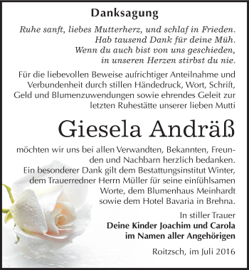 Traueranzeige von Giesela Andräß von Mitteldeutsche Zeitung Bitterfeld