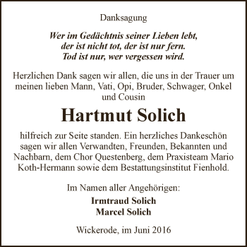 Traueranzeige von Hartmut Solich von Super Sonntag SGH Mansf. Land