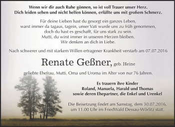 Traueranzeige von Renate Geßner von WVG - Wochenspiegel Dessau / Köthen