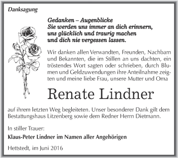 Traueranzeige von Renate Lindner von Wochenspiegel Mansfelder Land