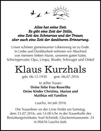 Traueranzeige von Klaus Kurzhals von Mitteldeutsche Zeitung Naumburg/Nebra