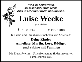 Traueranzeige von Luise Wecke von Mitteldeutsche Zeitung Dessau-Roßlau