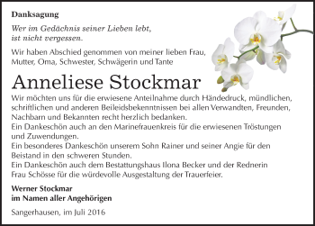 Traueranzeige von Anneliese Stockmar von Mitteldeutsche Zeitung Sangerhausen