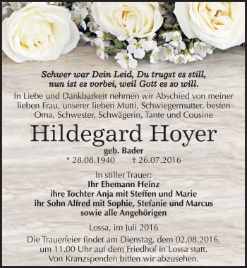 Traueranzeige von Hildegard Hoyer von Mitteldeutsche Zeitung Naumburg/Nebra