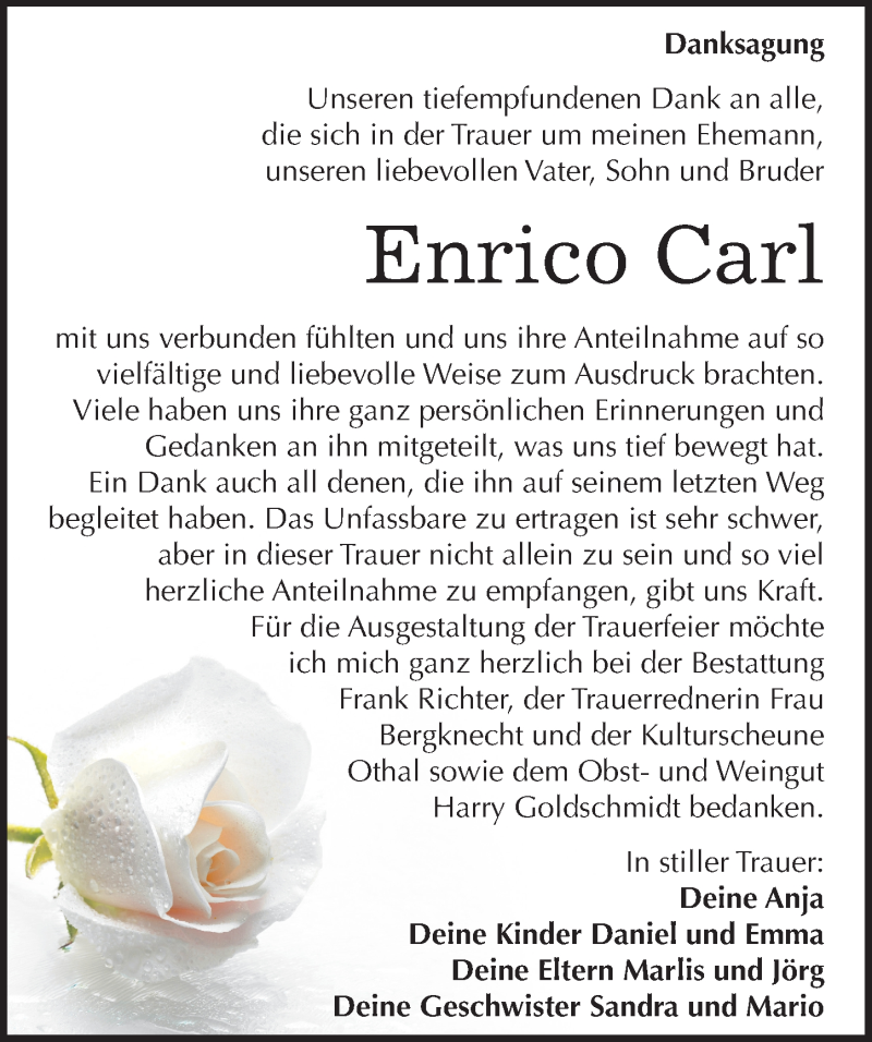  Traueranzeige für Enrico Carl vom 09.07.2016 aus Mitteldeutsche Zeitung Sangerhausen
