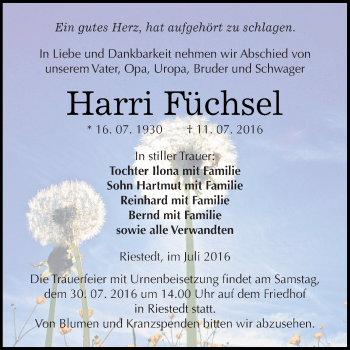Traueranzeige von Harri Füchsel von Super Sonntag SGH Mansf. Land