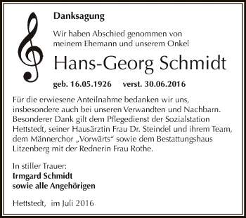 Traueranzeige von Hans-Georg Schmidt von Wochenspiegel Mansfelder Land
