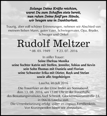Traueranzeige von Rudolf Meltzer von Mitteldeutsche Zeitung Naumburg/Nebra