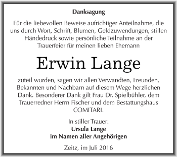 Traueranzeige von Erwin Lange von Super Sonntag Zeitz