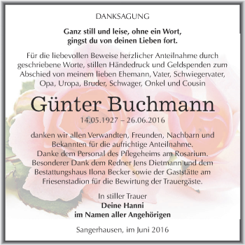 Traueranzeige von Günter Buchmann von Super Sonntag SGH Mansf. Land