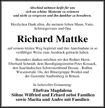 Traueranzeige von Richard Mattke von Mitteldeutsche Zeitung Dessau-Roßlau