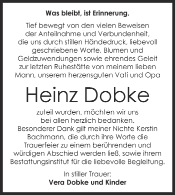 Traueranzeige von Heinz Dobke von WVG - Wochenspiegel Dessau / Köthen