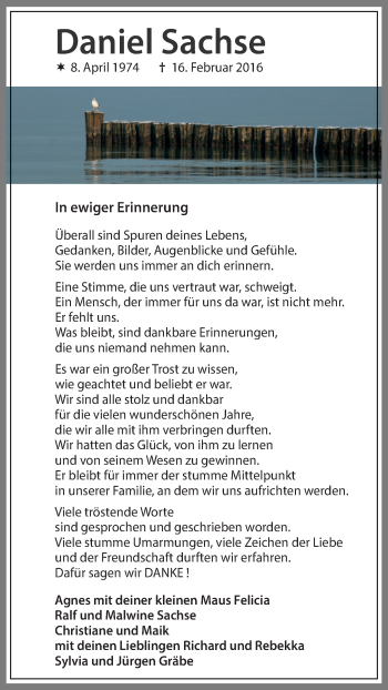 Traueranzeige von Daniel Sachse von WVG - Wochenspiegel NMB / WSF / ZTZ