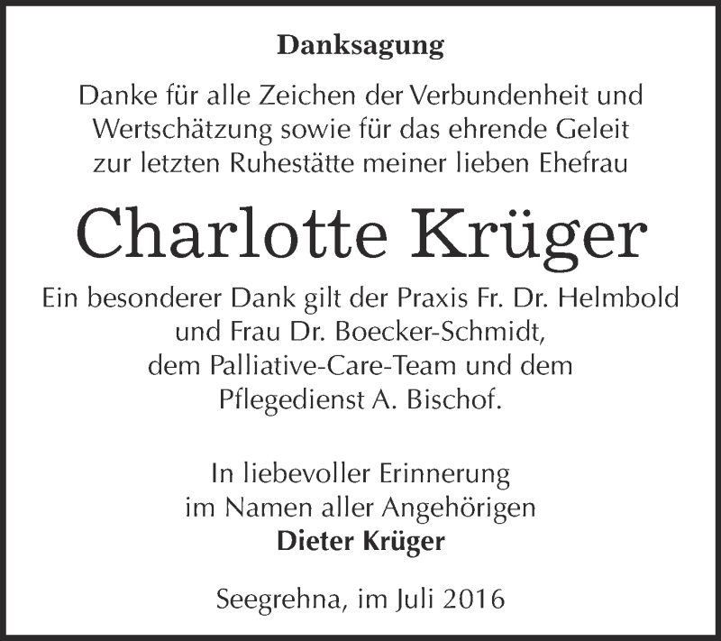  Traueranzeige für Charlotte Krüger vom 09.07.2016 aus WVG - Wochenspiegel Wittenberg