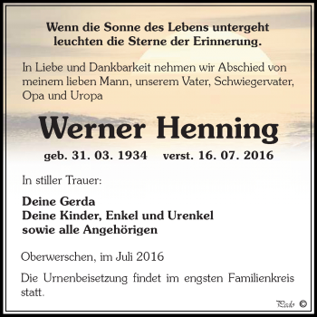 Traueranzeige von Werner Henning von WVG - Wochenspiegel NMB / WSF / ZTZ