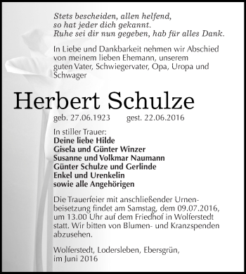 Traueranzeige von Herbert Schulze von Super Sonntag SGH Mansf. Land