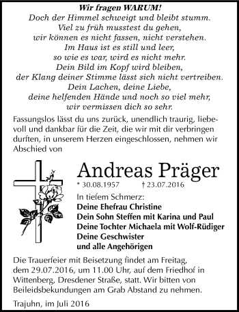 Traueranzeige von Andreas Präger von Mitteldeutsche Zeitung Wittenberg