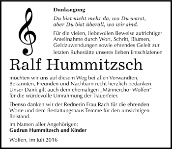Traueranzeige von Ralf Hummitzsch von Mitteldeutsche Zeitung Bitterfeld