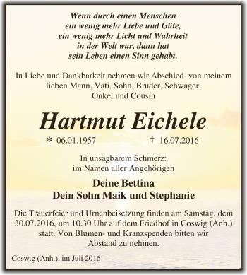 Traueranzeige von Hartmut Eichele von WVG - Wochenspiegel Dessau / Köthen