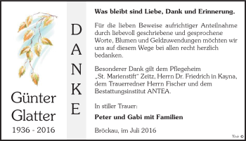 Traueranzeige von Günter Glatter von Mitteldeutsche Zeitung Zeitz