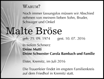 Traueranzeige von Malte Bröse von Mitteldeutsche Zeitung Wittenberg