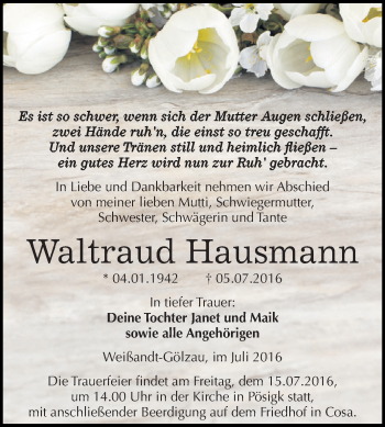 Traueranzeige von Waltraud Hausmann von WVG - Wochenspiegel Dessau / Köthen