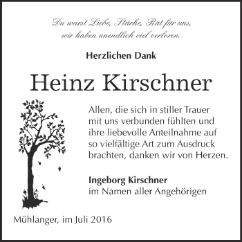 Traueranzeige von Heinz Kirschner von WVG - Wochenspiegel Wittenberg