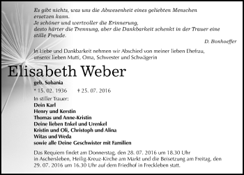 Traueranzeige von Elisabeth Weber von Mitteldeutsche Zeitung Aschersleben