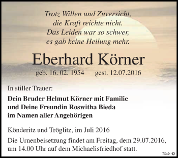 Traueranzeige von Eberhard Körner von Super Sonntag Zeitz