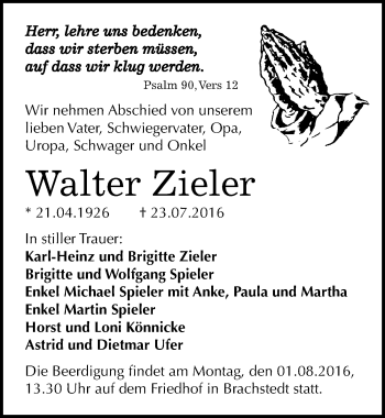 Traueranzeige von Walter Zieler von Mitteldeutsche Zeitung Halle/Saalkreis