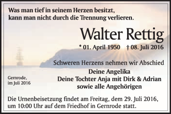 Traueranzeige von Walter Rettig von WVG - Wochenspiegel Quedlinburg