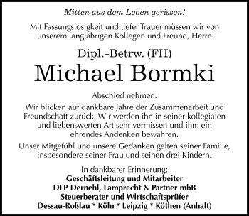 Traueranzeige von Michael Bormki von Mitteldeutsche Zeitung Dessau-Roßlau