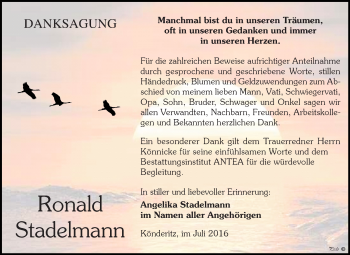 Traueranzeige von Ronald Stadelmann von Super Sonntag Zeitz