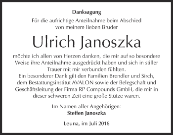 Traueranzeige von Ulrich Janoszka von WVG - Wochenspiegel Merseburg