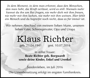 Traueranzeige von Klaus Richter von Mitteldeutsche Zeitung Mansfelder Land