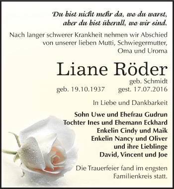 Traueranzeige von Liane Röder von Mitteldeutsche Zeitung Bernburg