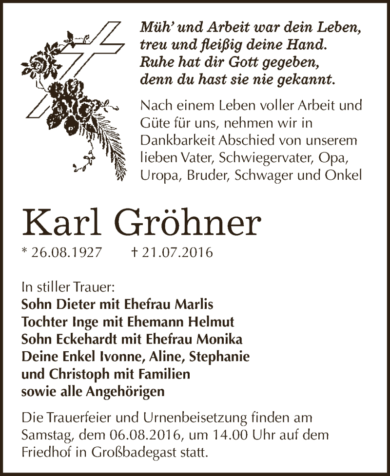  Traueranzeige für Karl Gröhner vom 30.07.2016 aus WVG - Wochenspiegel Dessau / Köthen
