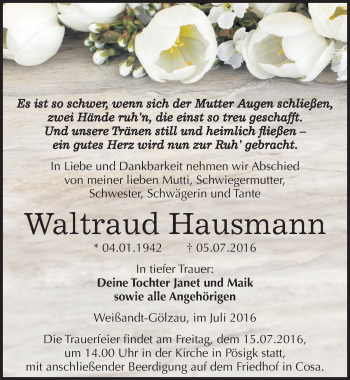 Traueranzeige von Waltraud Hausmann von Mitteldeutsche Zeitung Köthen