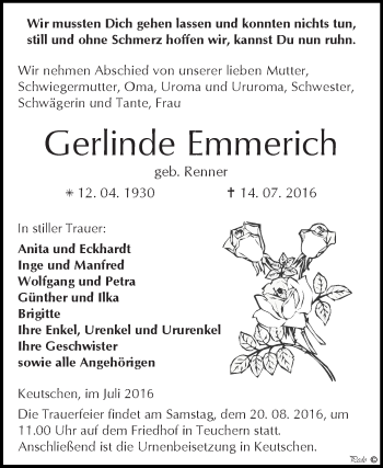 Traueranzeige von Gerlinde Emmerich von WVG - Wochenspiegel NMB / WSF / ZTZ