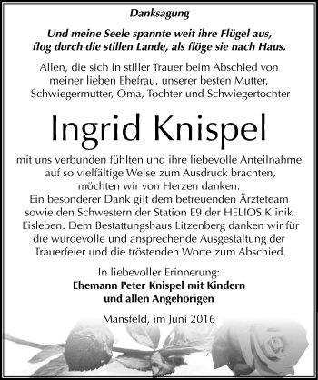 Traueranzeige von Ingrid Knispel von Mitteldeutsche Zeitung Mansfelder Land